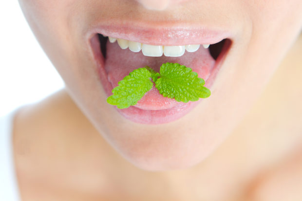 A woman with mint leaves on her tongue: fresh breath after getting rid of chronic bad breath.